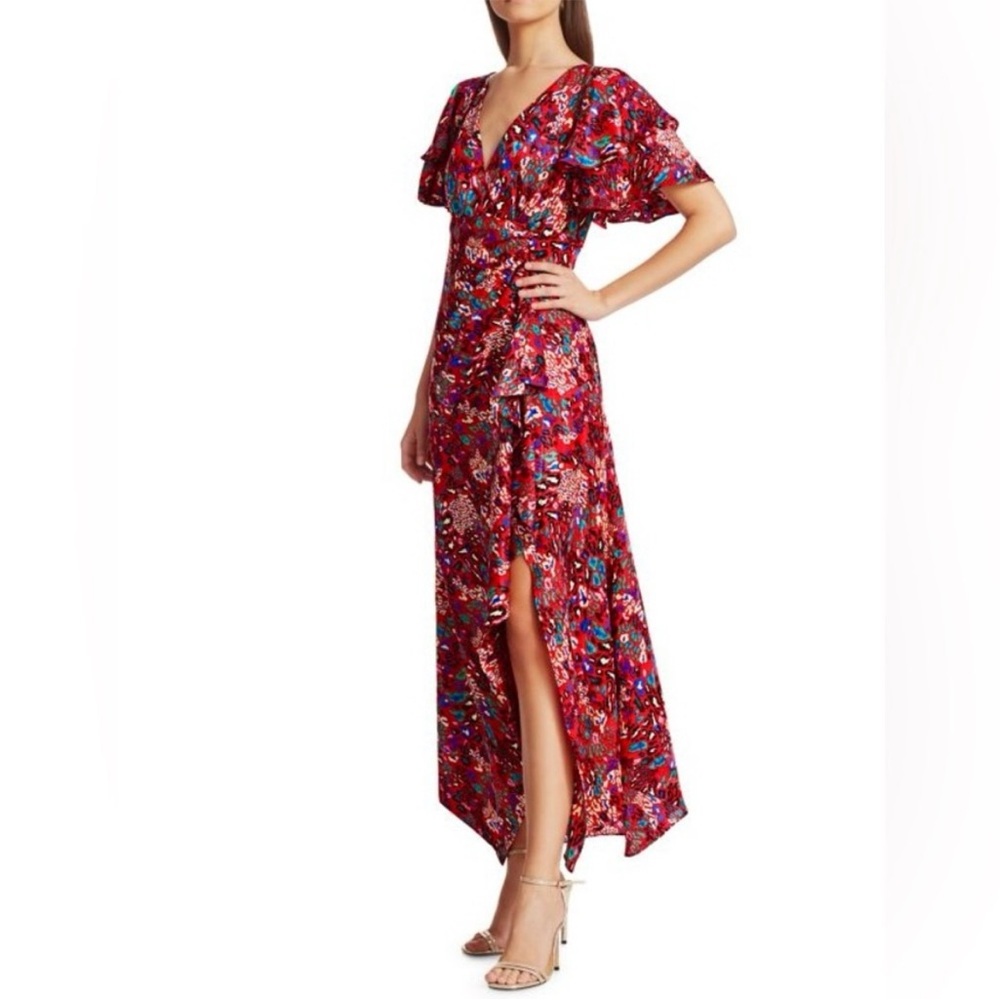 Tanya Taylor Red Colorful Animal Print Flutter Sleeve V-Neck Maxi Dress XL 16